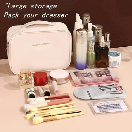 High-capacity multi-layer travel makeup organizer, featuring removable compartments and a brush holder—a portable beauty case, elegantly painted storage box, designed as a standalone unit, no assembly required.（BLACK）.