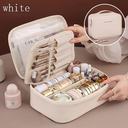 High-capacity multi-layer travel makeup organizer, featuring removable compartments and a brush holder—a portable beauty case, elegantly painted storage box, designed as a standalone unit, no assembly required.（BLACK）.