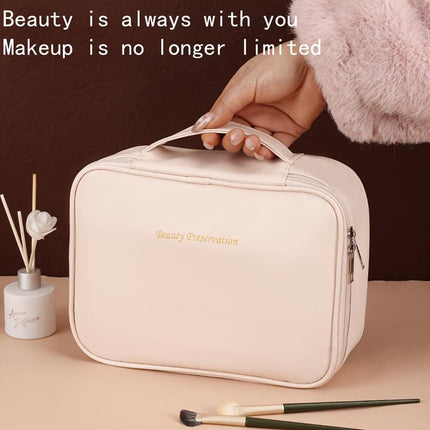 High-capacity multi-layer travel makeup organizer, featuring removable compartments and a brush holder—a portable beauty case, elegantly painted storage box, designed as a standalone unit, no assembly required.（BLACK）.