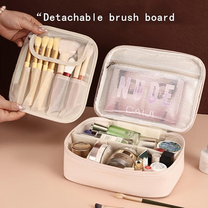High-capacity multi-layer travel makeup organizer, featuring removable compartments and a brush holder—a portable beauty case, elegantly painted storage box, designed as a standalone unit, no assembly required.（BLACK）.