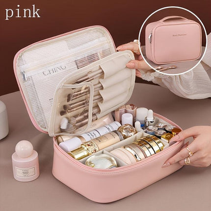 High-capacity multi-layer travel makeup organizer, featuring removable compartments and a brush holder—a portable beauty case, elegantly painted storage box, designed as a standalone unit, no assembly required.（BLACK）.