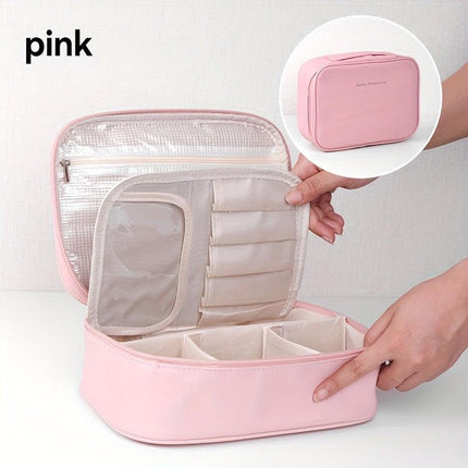 High-capacity multi-layer travel makeup organizer, featuring removable compartments and a brush holder—a portable beauty case, elegantly painted storage box, designed as a standalone unit, no assembly required.（BLACK）.