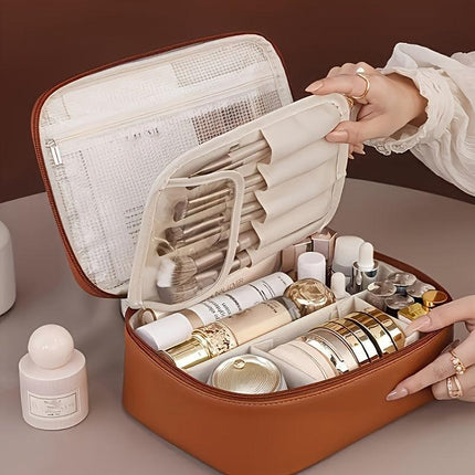 High-capacity multi-layer travel makeup organizer, featuring removable compartments and a brush holder—a portable beauty case, elegantly painted storage box, designed as a standalone unit, no assembly required.（BLACK）.