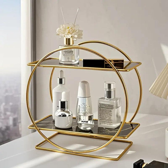 Elegant Golden Two-Tier Metal Cosmetic Organizer Stand - Luxury Countertop Makeup and Skincare Storage Shelf, Ideal for Bathroom Vanity, Home Decor, Dressing Table Accessories, and Perfume Storage.