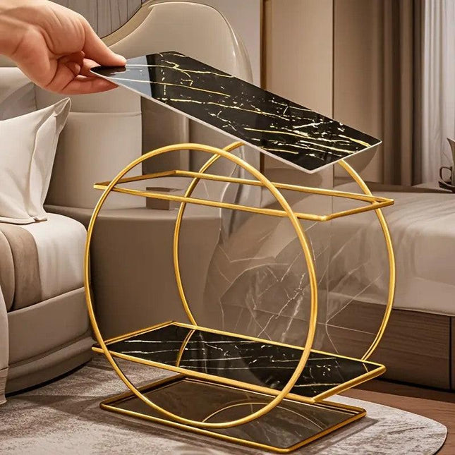 Elegant Golden Two-Tier Metal Cosmetic Organizer Stand - Luxury Countertop Makeup and Skincare Storage Shelf, Ideal for Bathroom Vanity, Home Decor, Dressing Table Accessories, and Perfume Storage.