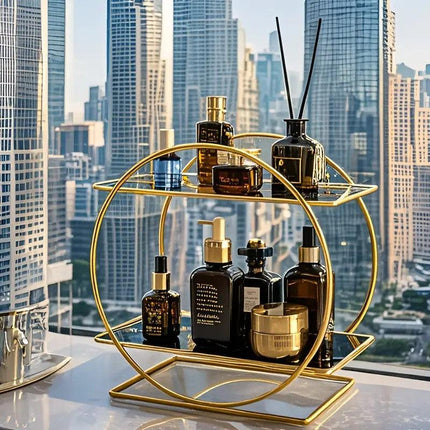 Elegant Golden Two-Tier Metal Cosmetic Organizer Stand - Luxury Countertop Makeup and Skincare Storage Shelf, Ideal for Bathroom Vanity, Home Decor, Dressing Table Accessories, and Perfume Storage.