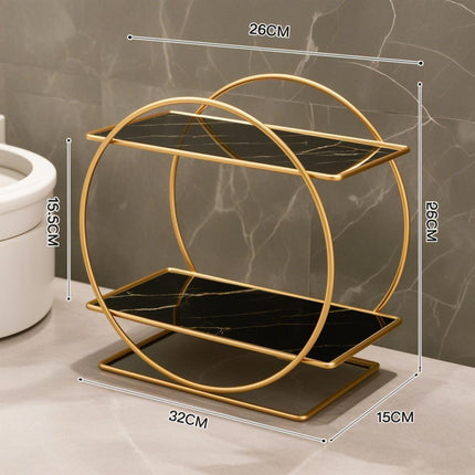 Elegant Golden Two-Tier Metal Cosmetic Organizer Stand - Luxury Countertop Makeup and Skincare Storage Shelf, Ideal for Bathroom Vanity, Home Decor, Dressing Table Accessories, and Perfume Storage.