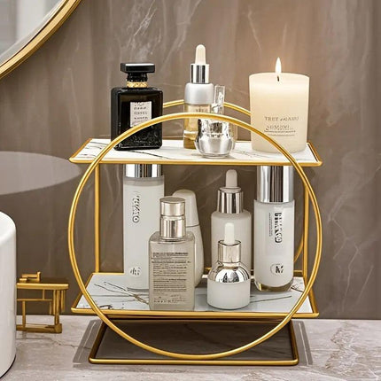 Elegant Golden Two-Tier Metal Cosmetic Organizer Stand - Luxury Countertop Makeup and Skincare Storage Shelf, Ideal for Bathroom Vanity, Home Decor, Dressing Table Accessories, and Perfume Storage.