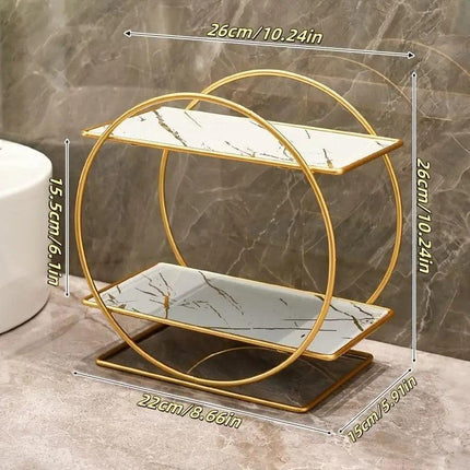 Elegant Golden Two-Tier Metal Cosmetic Organizer Stand - Luxury Countertop Makeup and Skincare Storage Shelf, Ideal for Bathroom Vanity, Home Decor, Dressing Table Accessories, and Perfume Storage.