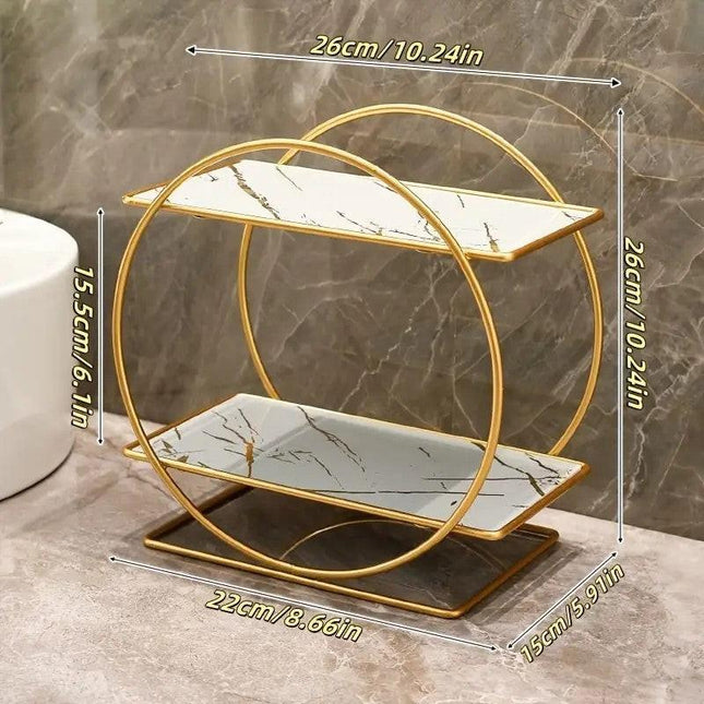 （White second floor）Elegant Golden Two-Tier Metal Cosmetic Organizer Stand - Luxury Countertop Makeup and Skincare Storage Shelf, Ideal for Bathroom Vanity, Home Decor, Dressing Table Accessories, and Perfume Storage.