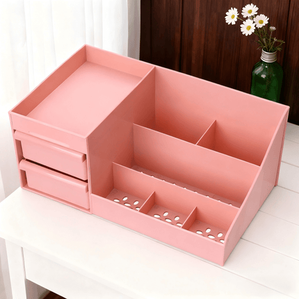 Pink Multi-Compartment Large-Capacity Desktop Storage Box Keeps vanity tables and desks neat and organized—lipsticks, masks, makeup brushes all stored in one box. Easy access, seamlessly fits into various settings..