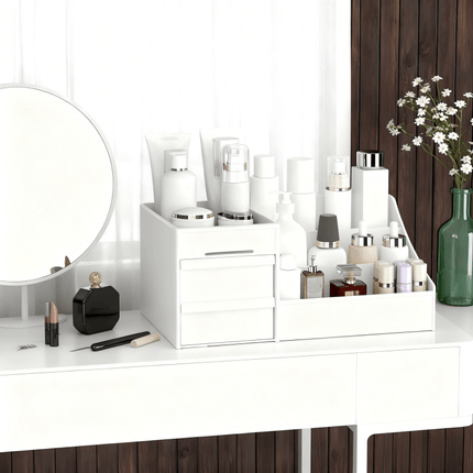 Milky white Multi-Compartment Large-Capacity Desktop Storage Box Keeps vanity tables and desks neat and organized—lipsticks, masks, makeup brushes all stored in one box. Easy access, seamlessly fits into various settings..