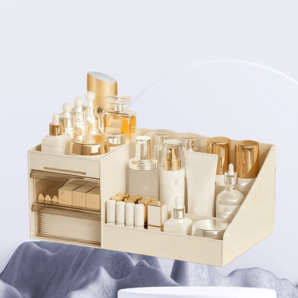 Milky white Multi-Compartment Large-Capacity Desktop Storage Box Keeps vanity tables and desks neat and organized—lipsticks, masks, makeup brushes all stored in one box. Easy access, seamlessly fits into various settings..