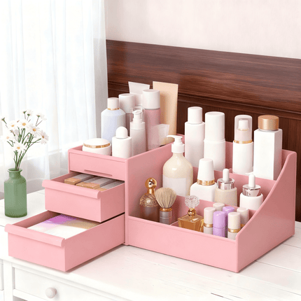 Milky white Multi-Compartment Large-Capacity Desktop Storage Box Keeps vanity tables and desks neat and organized—lipsticks, masks, makeup brushes all stored in one box. Easy access, seamlessly fits into various settings..
