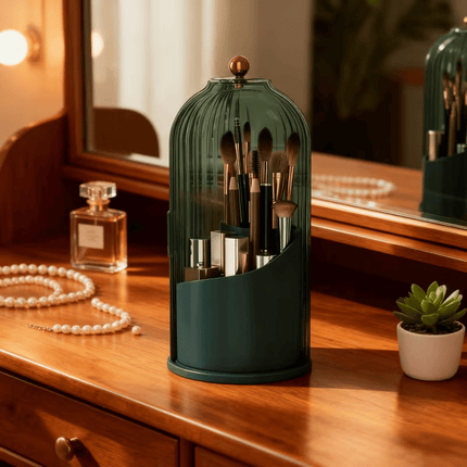Transparent Rotating Makeup Brush Holder: 360° Rotation for Easy Access, Dust-Proof with Compartments, Neat and Portable(Transparent green）.