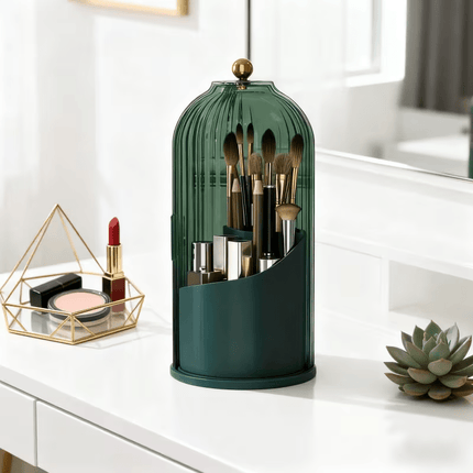 Transparent Rotating Makeup Brush Holder: 360° Rotation for Easy Access, Dust-Proof with Compartments, Neat and Portable(Transparent green）.
