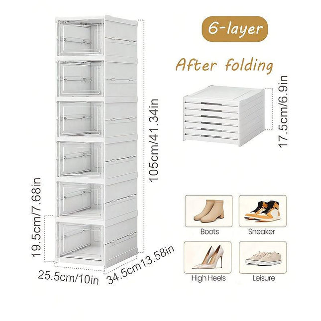 6-Tier Stackable Shoe Storage Box Set, featuring easy-access front-opening waterproof transparent plastic storage bins with no assembly required - perfect for closets and entryways..