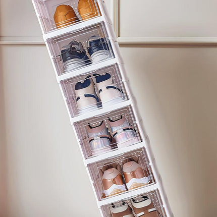 6-Tier Stackable Shoe Storage Box Set, featuring easy-access front-opening waterproof transparent plastic storage bins with no assembly required - perfect for closets and entryways..