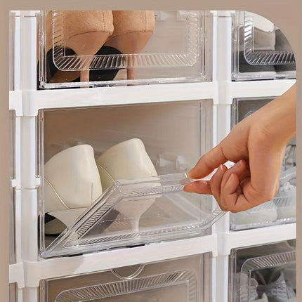 6-Tier Stackable Shoe Storage Box Set, featuring easy-access front-opening waterproof transparent plastic storage bins with no assembly required - perfect for closets and entryways..