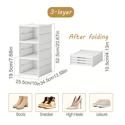 3-Tier Stackable Shoe Storage Box Set, featuring easy-access front-opening waterproof transparent plastic storage bins with no assembly required - perfect for closets and entryways..