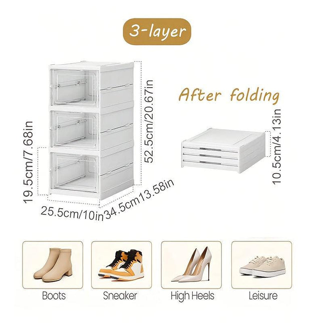 3-Tier Stackable Shoe Storage Box Set, featuring easy-access front-opening waterproof transparent plastic storage bins with no assembly required - perfect for closets and entryways..