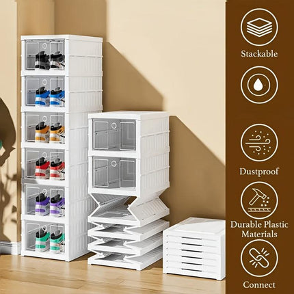 3-Tier Stackable Shoe Storage Box Set, featuring easy-access front-opening waterproof transparent plastic storage bins with no assembly required - perfect for closets and entryways..