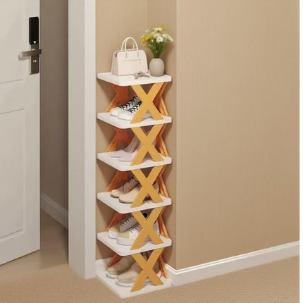 6-Tier Foldable White/Orange Shoe Rack, space-saving vertical design for entry halls, living rooms, bedrooms, closets, balconies—an essential organizing storage shelf for college dormitories..