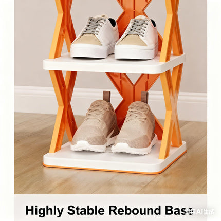 6-Tier Foldable White/Orange Shoe Rack, space-saving vertical design for entry halls, living rooms, bedrooms, closets, balconies—an essential organizing storage shelf for college dormitories..