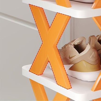 6-Tier Foldable White/Orange Shoe Rack, space-saving vertical design for entry halls, living rooms, bedrooms, closets, balconies—an essential organizing storage shelf for college dormitories..
