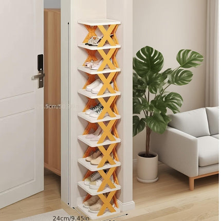 6-Tier Foldable White/Orange Shoe Rack, space-saving vertical design for entry halls, living rooms, bedrooms, closets, balconies—an essential organizing storage shelf for college dormitories..