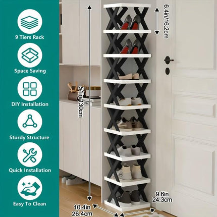 6-Tier Foldable White/Orange Shoe Rack, space-saving vertical design for entry halls, living rooms, bedrooms, closets, balconies—an essential organizing storage shelf for college dormitories..