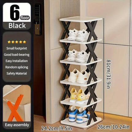 6-Tier Foldable White/Orange Shoe Rack, space-saving vertical design for entry halls, living rooms, bedrooms, closets, balconies—an essential organizing storage shelf for college dormitories..
