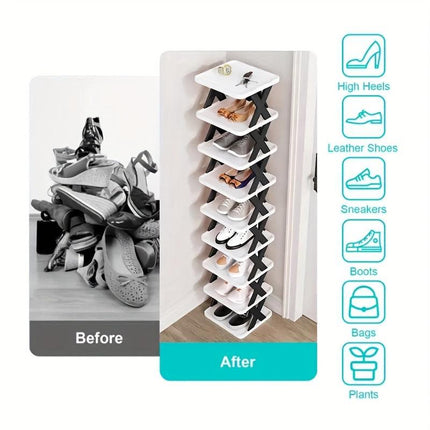 6-Tier Foldable White/Orange Shoe Rack, space-saving vertical design for entry halls, living rooms, bedrooms, closets, balconies—an essential organizing storage shelf for college dormitories..