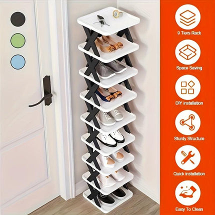 6-Tier Foldable White/Orange Shoe Rack, space-saving vertical design for entry halls, living rooms, bedrooms, closets, balconies—an essential organizing storage shelf for college dormitories..