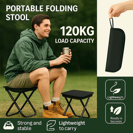 Outdoor One-Second Quick-Open Lightweight Folding Stool | 150KG High Load-Bearing | Portable Camping Chair, Picnic & Fishing Seat | Sturdy & Stable, Packable into Backpack | Essential for Travel.