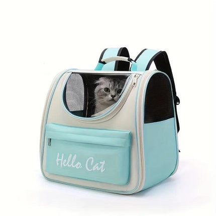 GREEN Hello Cat Nylon Pet Backpack, Large Capacity Foldable Travel Carrier with Zipper Closure, Easy Access for Cats and Small Dogs, Pet Travel Bag with Handle for Puppies and Kittens.