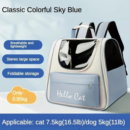 Hello Cat Nylon Pet Backpack, Large Capacity Foldable Travel Carrier with Zipper Closure, Easy Access for Cats and Small Dogs, Pet Travel Bag with Handle for Puppies and Kittens(BLUE).