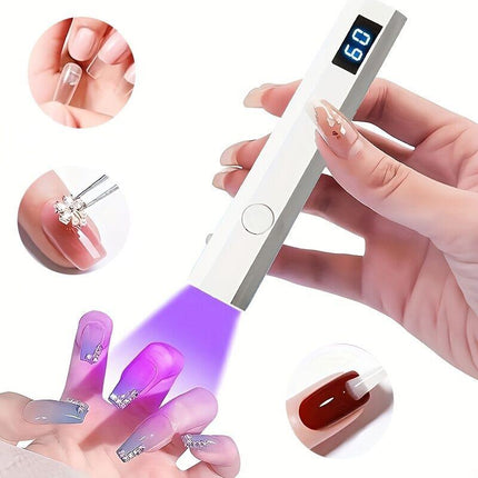 A compact portable gel nail polish lamp with a digital display — this wireless lamp lights up quickly and is perfect for home nail salons and travel..