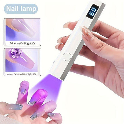 A compact portable gel nail polish lamp with a digital display — this wireless lamp lights up quickly and is perfect for home nail salons and travel..