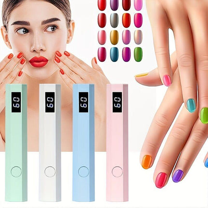 A compact portable gel nail polish lamp with a digital display — this wireless lamp lights up quickly and is perfect for home nail salons and travel..