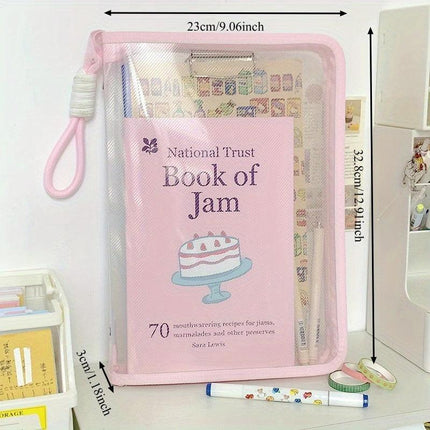 Macaron Candy Student File Bag + PET Animal Stickers - Hand-Carry Large Capacity Waterproof A4 Zipper Transparent Exam Paper & Textbook Storage Bag, Folder（blue）.