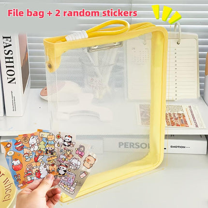 Macaron Candy Student File Bag + PET Animal Stickers - Hand-Carry Large Capacity Waterproof A4 Zipper Transparent Exam Paper & Textbook Storage Bag, Folder（yellow）.