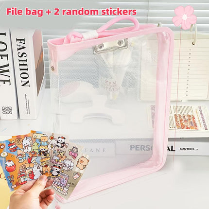Macaron Candy Student File Bag + PET Animal Stickers - Hand-Carry Large Capacity Waterproof A4 Zipper Transparent Exam Paper & Textbook Storage Bag, Folder（yellow）.