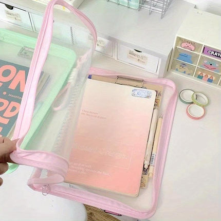 Macaron Candy Student File Bag + PET Animal Stickers - Hand-Carry Large Capacity Waterproof A4 Zipper Transparent Exam Paper & Textbook Storage Bag, Folder（yellow）.