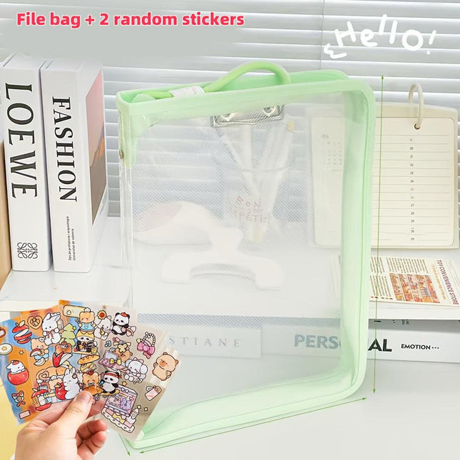 Macaron Candy Student File Bag + PET Animal Stickers - Hand-Carry Large Capacity Waterproof A4 Zipper Transparent Exam Paper & Textbook Storage Bag, Folder（green）.