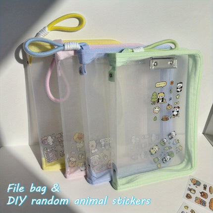 Macaron Candy Student File Bag + PET Animal Stickers - Hand-Carry Large Capacity Waterproof A4 Zipper Transparent Exam Paper & Textbook Storage Bag, Folder（green）.