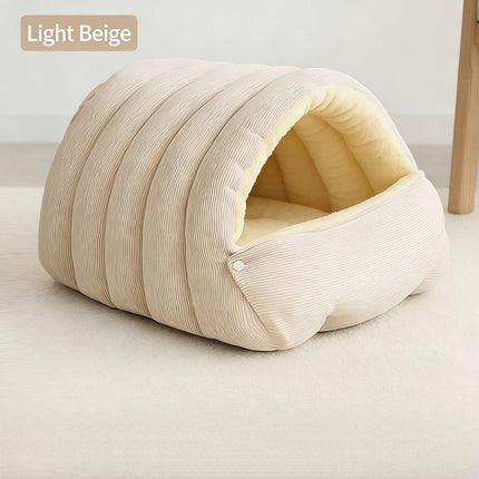 High-Elasticity Warm Cat Bed: 57×37×28cm Wrapped Design, Striped Fleece + Arctic Fleece Heat Retention, Removable & Washable（light beige）.