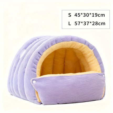 High-Elasticity Warm Cat Bed: 57×37×28cm Wrapped Design, Striped Fleece + Arctic Fleece Heat Retention, Removable & Washable（light beige）.