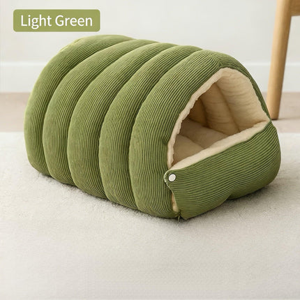 High-Elasticity Warm Cat Bed: 57×37×28cm Wrapped Design, Striped Fleece + Arctic Fleece Heat Retention, Removable & Washable（light GREEN）.