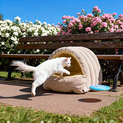 High-Elasticity Warm Cat Bed: 57×37×28cm Wrapped Design, Striped Fleece + Arctic Fleece Heat Retention, Removable & Washable（light GREEN）.
